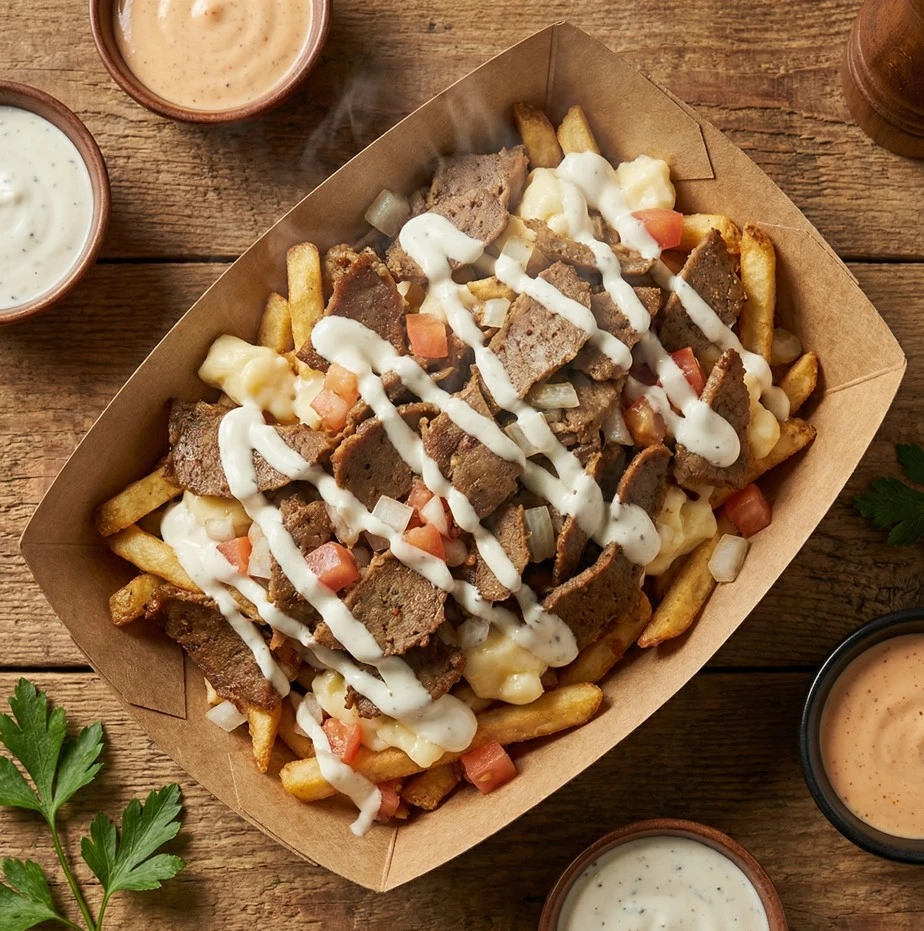 Donair Fries - Loaded fries with donair meat at Sherwood Pizza, Sherwood Park